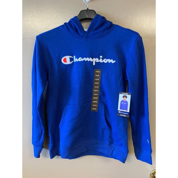 Champion Kids Logo Fleece Hoodie XL 14/16 Blue Pullover Sweatshirt - Picture 1 of 12